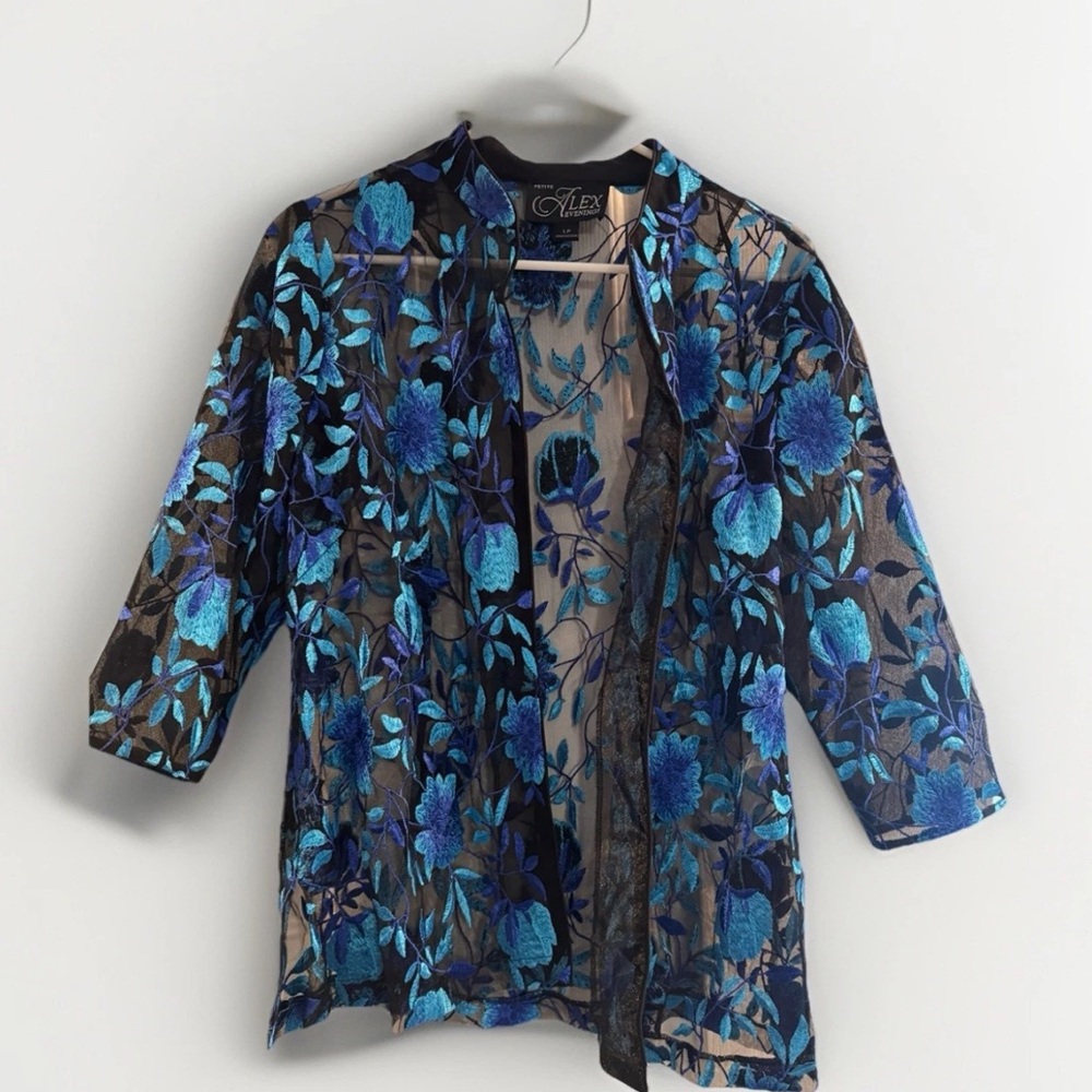 Alex Evenings Floral Sheer Jacket with Blue Accents